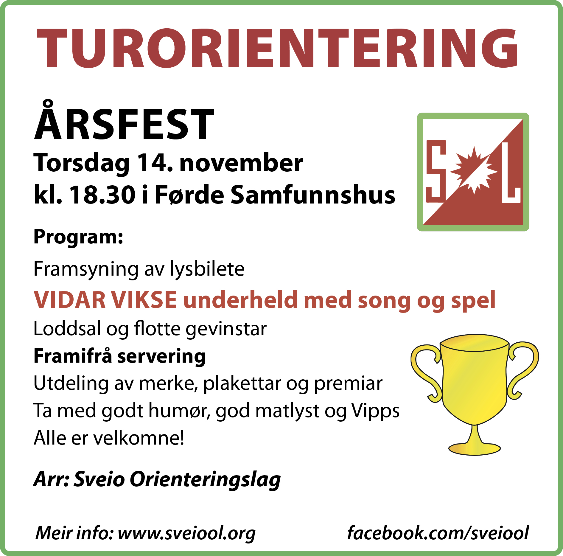 Annonse for årsfest 14. november kl 18:30, Førde Samfunnshus