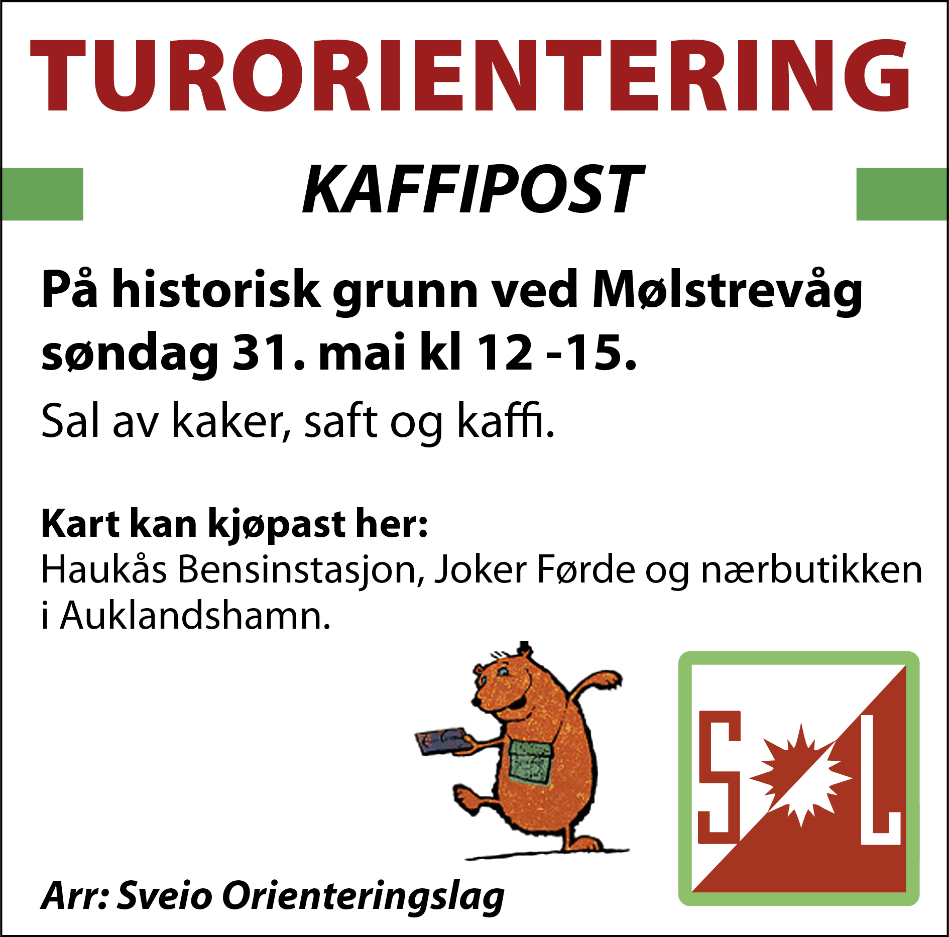Kaffipost søndag 31. mai 2026 ved Mølstrevåg kl 12-15.